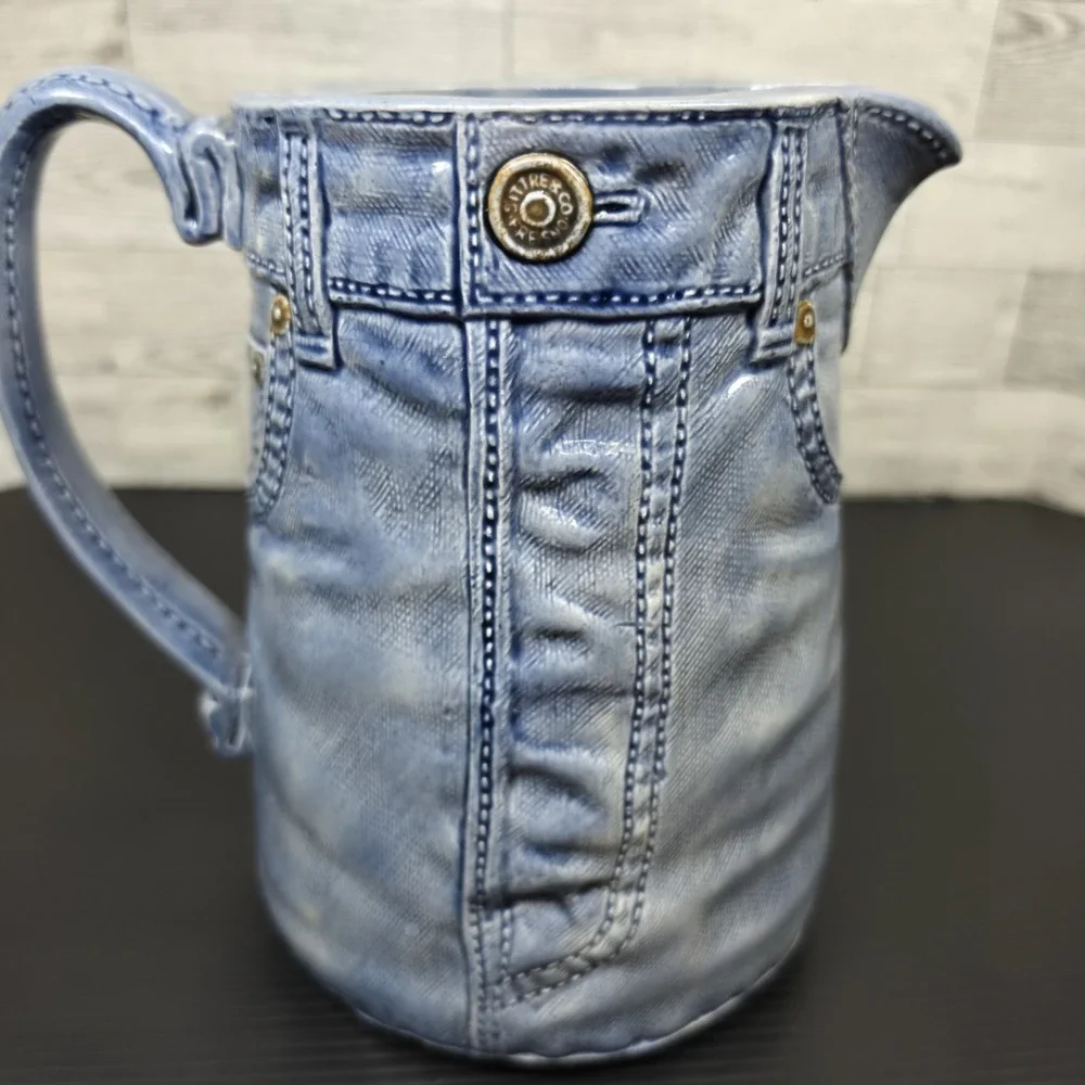 Vintage Sittre Ceramic Prod Blue Denim Jeans‎ Pitcher Signed 80s